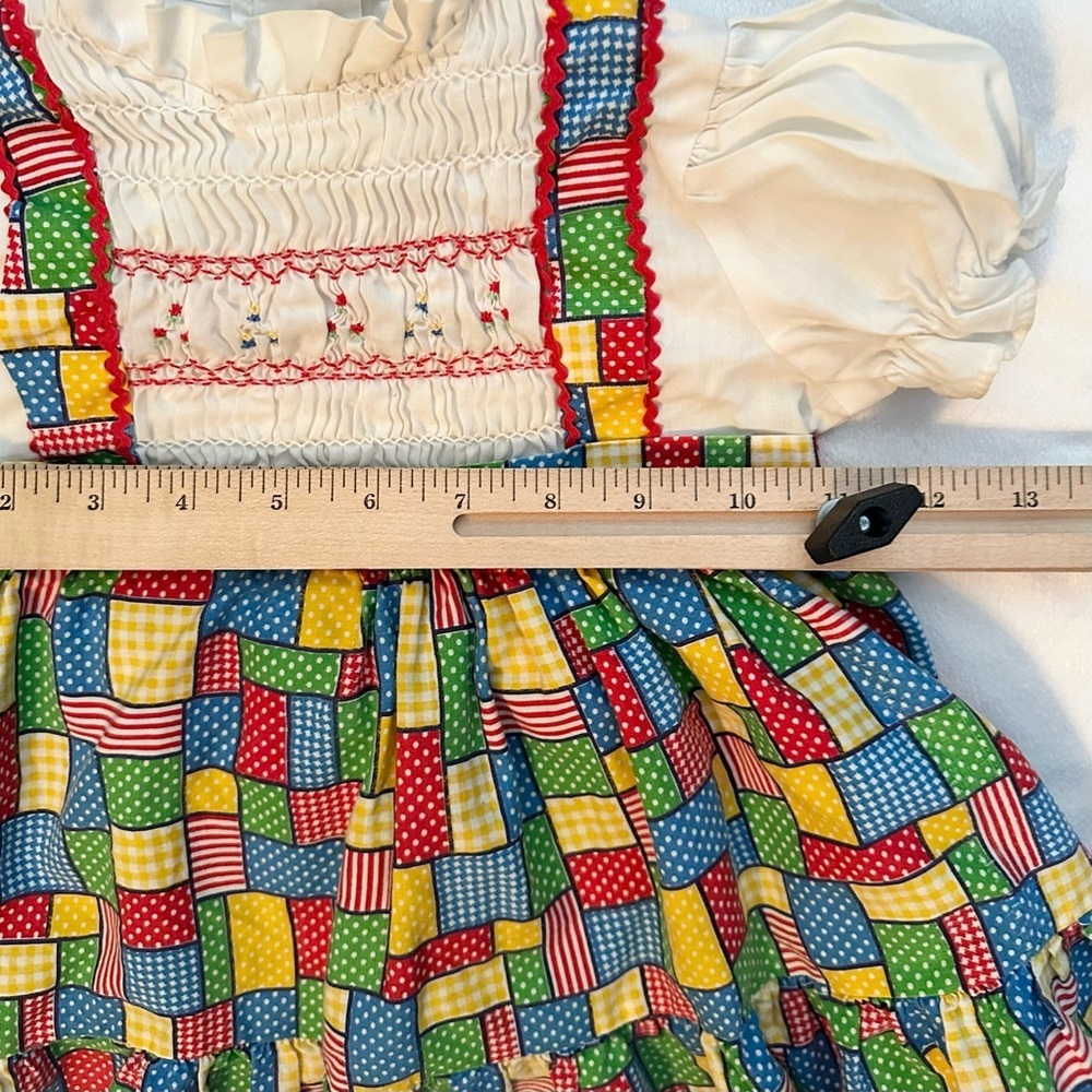 Vintage Girls Colorful Patchwork Smocked Short Sleeve Dress Baby 18/24M No Brand - Picture 4 of 6